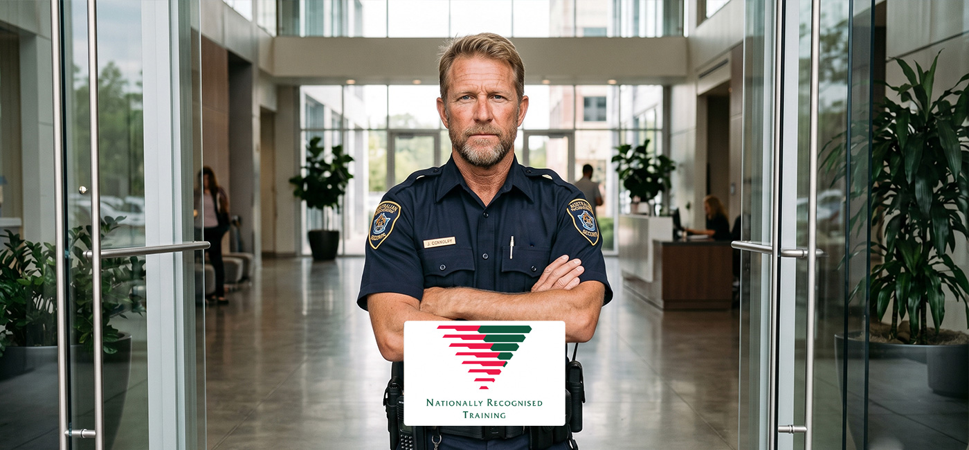 A professional security officer on duty monitoring a premises — CPP20218 Certificate II in Security Operations, SNS College Perth