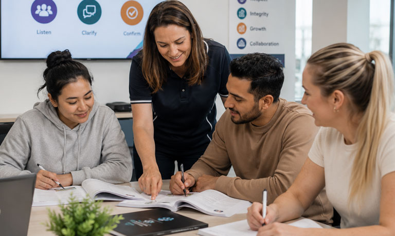 A trainer guiding adult students in a small, supportive class